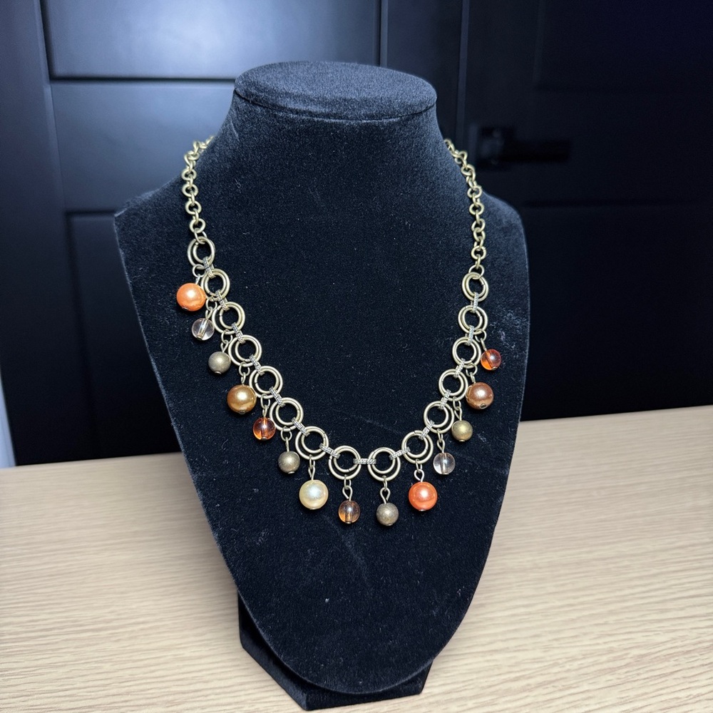 ELEGANT GOLD & ORANGE BEADED VINTAGE RARE NECKLACE BOHO JEWELRY